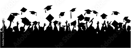 Crowd of graduates in mantles, throws up the square academic caps. Graduated student. Happy Graduation Activity Silhouettes.  photo