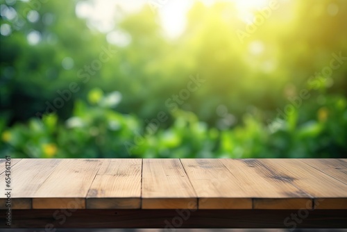 Abstract green background with empty wooden table top for product display or design visual layout in the morning with elements from garden and house