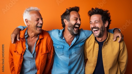Three Italian men friends smiling and laughing together, dressed in color, against a colorful background of yellow, blue, orange, green, and red