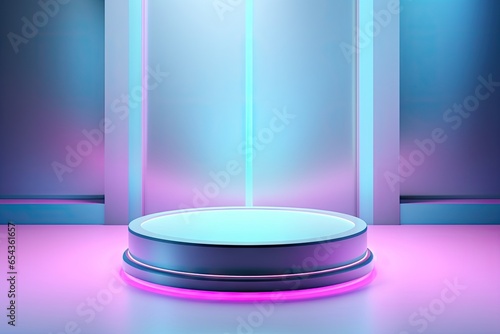 Abstract surreal stage empty with cylinder podium and circle shape on holographic neon blue background Pedestal for cosmetic beauty product display