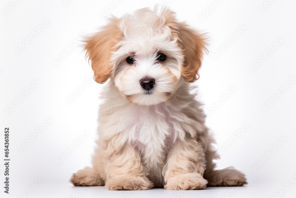 Adorable Maltipoo puppy posing alone on white backdrop