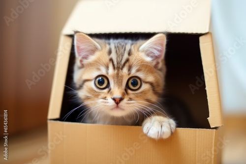 Adorable feline inside box made of cardboard