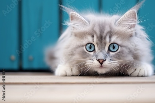 Adorable gray longhair kitten with big blue eyes resting on a white table Cute fluffy cat licking lips Space available for text © LimeSky