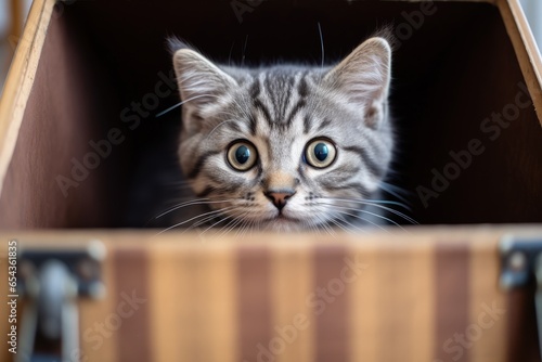 Adorable gray tabby feline inside a box on the home floor © LimeSky