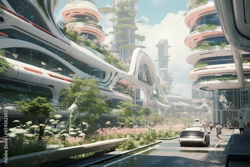 A detail of a futuristic city street where the roads are made of eco-friendly materials and buildings are equipped with environmental technology  painting a vision of sustainable urban living