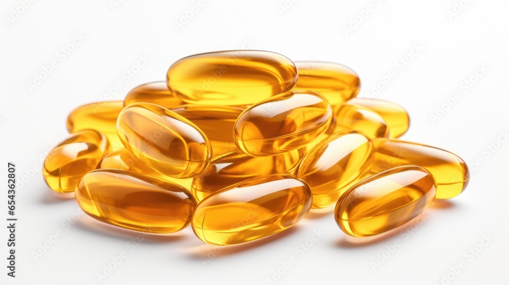 Omega 3 gelatine capsules close up isolated on white background. Vitamin D supplement, fish oil. Medical and healthy lifestyle concept Omega 3 gelatine capsules close up isolated on white background. Vitamin D supplement, fish oil. Medical and healthy lifestyle concept