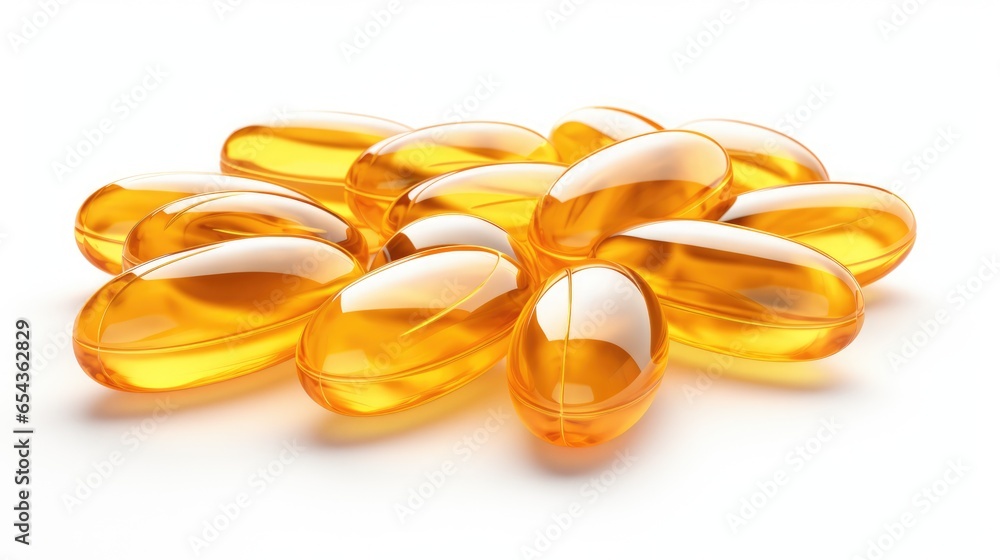 Omega 3 gelatine capsules close up isolated on white background. Vitamin D supplement, fish oil. Medical and healthy lifestyle concept Omega 3 gelatine capsules close up isolated on white background. Vitamin D supplement, fish oil. Medical and healthy lifestyle concept