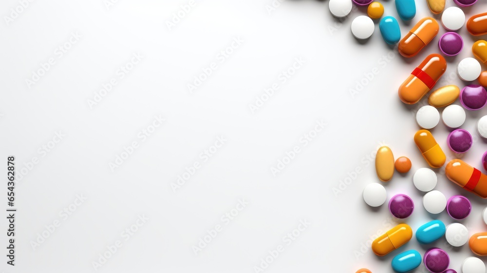 Various pills background with free place for text isolated on white background. Medical concept backdrop - obrazy, fototapety, plakaty 