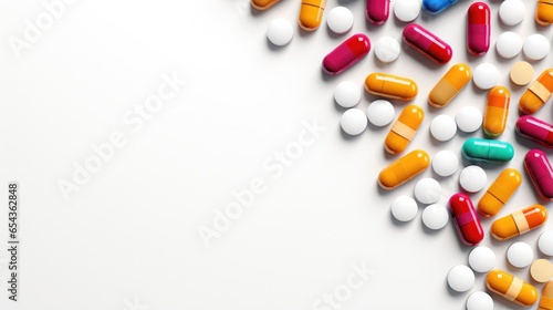 Various pills background with free place for text isolated on white background. Medical concept backdrop