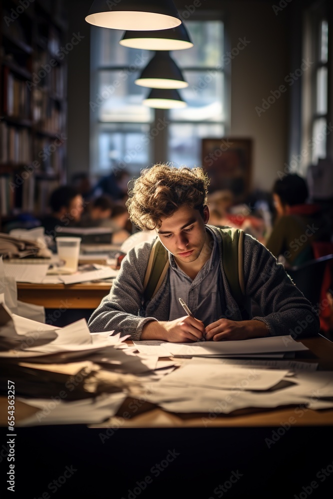 A focused student, seated at a tidy desk within a calm and well-lit classroom setting, is engrossed in answering an exam paper, the scene highlighting concentration and academic pursuit A focused student, seated at a tidy desk within a calm and well-lit classroom setting, is engrossed in answering an exam paper, the scene highlighting concentration and academic pursuit