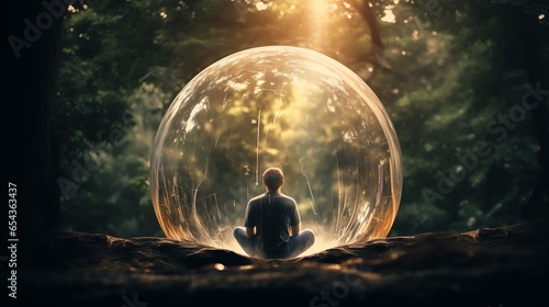 An individual meditates serenely in a forest, encased in a protective bubble. The scene symbolizes mental health, inner peace, and the emotional safety one finds through nature. photo