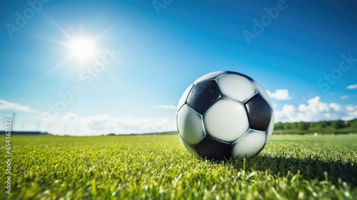 A soccer ball lies on the green grass © cherezoff