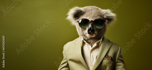 Koala wearing glasses and suit for office style or business against a green background