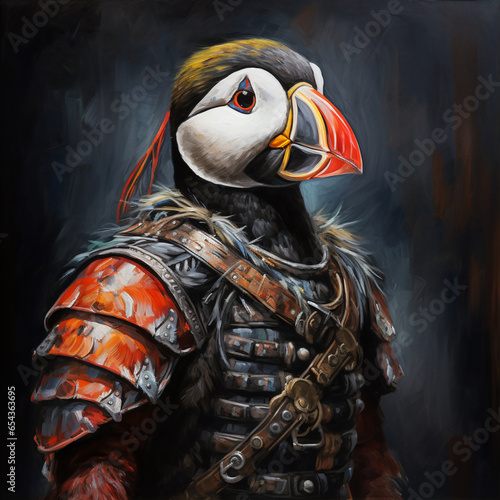 Puffin wear a viking costume and warrior outfit in the black background