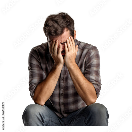 man with anxiety and scared emotion, serious and  sadness , on transparent and white background photo