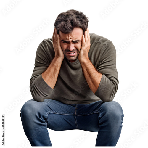 man with anxiety and scared emotion, serious and  sadness , on transparent and white background