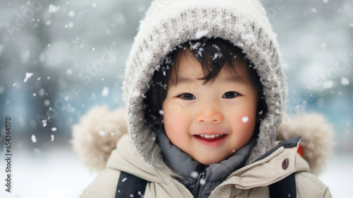 Portrait of an Asian toddler boy enjoying the winter snow during the Christmas season