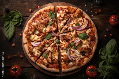 BBQ Pizza with chicken and veggies viewed from the top on a wooden surface blank space