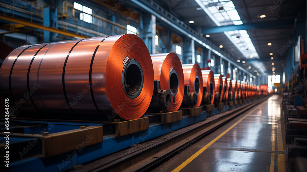 Big rolls of steel sheet in a factory. Big rolls of steel sheet in a factory.
