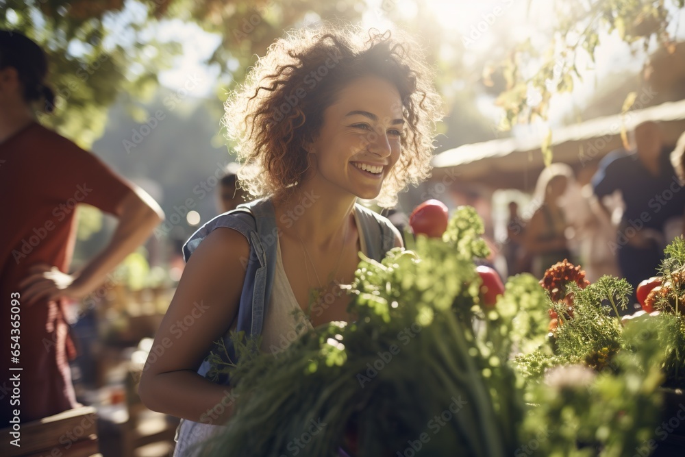 A young woman, with a genuine smile, lovingly selects colorful vegetables and fragrant herbs, amidst the lively ambiance of a sunlit farmers' market, capturing the essence of conscious consumerism - obrazy, fototapety, plakaty 