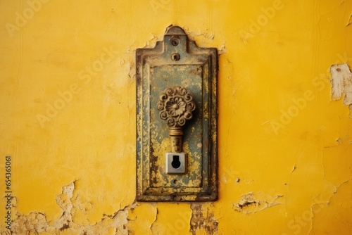 Antique key lock on faded pastel yellow background Keyless door lock Minimalistic