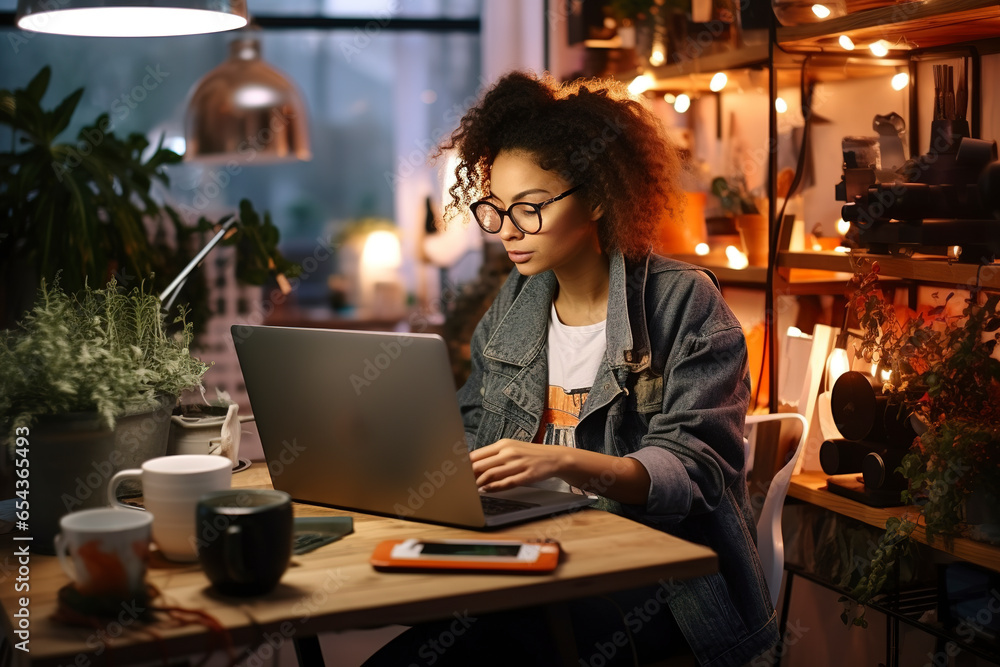 A trendy, focused female vlogger checking her laptop in her cozy home workspace setting - symbolizing the empowerment and connectivity of social media A trendy, focused female vlogger checking her laptop in her cozy home workspace setting - symbolizing the empowerment and connectivity of social media