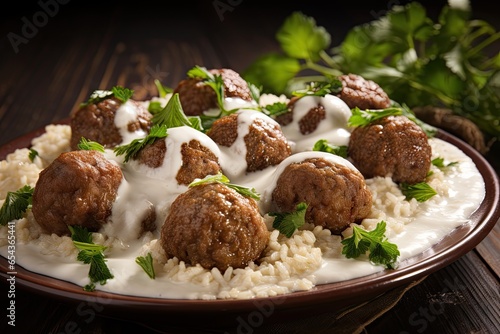 Arabic Cuisine Traditional Middle Eastern dish Kibbeh Bi Laban Tasty fried meatballs in yogurt sauce served with rice and vermicelli photo