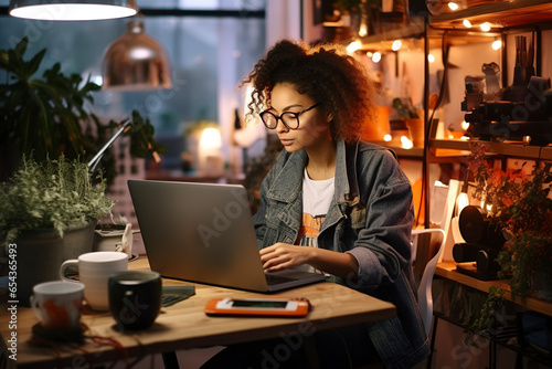 A trendy, focused female vlogger checking her laptop in her cozy home workspace setting - symbolizing the empowerment and connectivity of social media