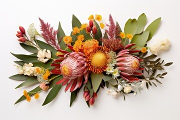 Arrangement of native Australian flowers on white background with space for text