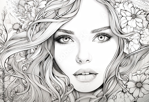 coloring book for adults portraits, faces, flowers on a white background