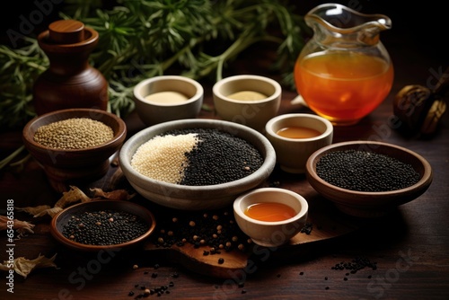 Asian cuisine s food ingredients black sesame seed and oil