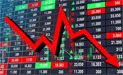 The sharp falling red arrow in the economic graph shows that share prices on the capital market have decreased