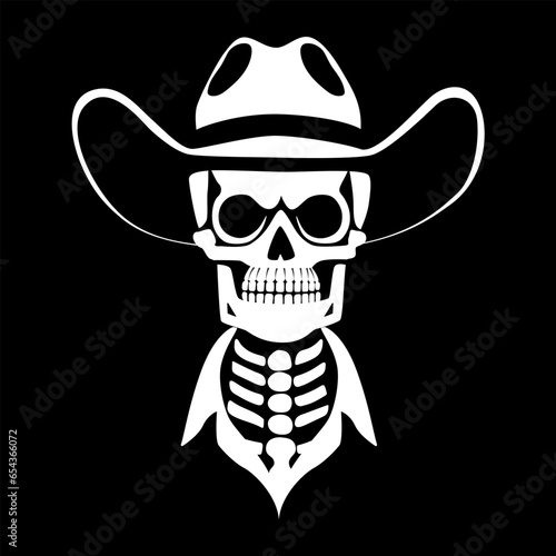 Black and white skull in cowboy hat. Template for Halloween banner, poster, flyer, t-shirt design. Vector illustration