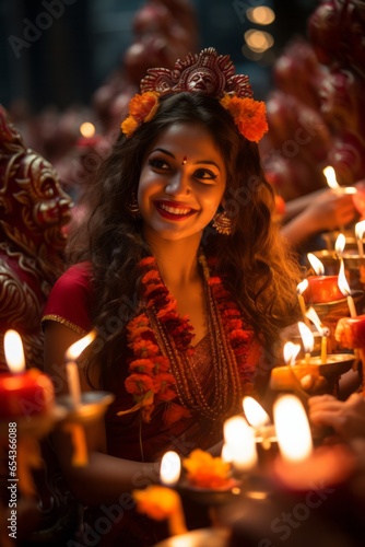Photo of a Bengali woman celebrating Durga Puja in a vibrant costume posing with a joyful smile created with Generative AI technology