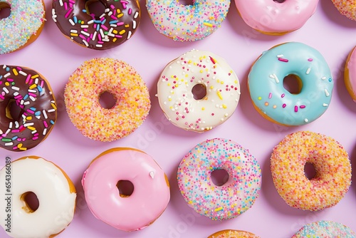 Assorted glazed donuts with colorful icing and sprinkles