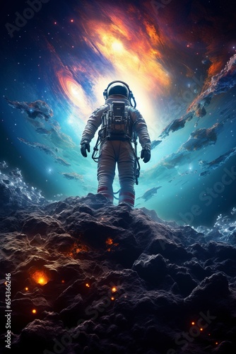 An astronaut in a dynamic pose is surrounded by swirling nebulas and distant star systems, illustrating the grandeur and mystery of the universe and the human drive to explore the unknown