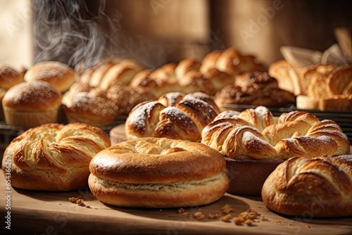 Freshly Baked Assorted Bakery Goods with Rising Smoke in High Resolution