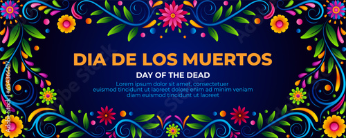 Day of the dead banner with colorful Mexican flowers border
