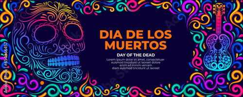 Dia De Muertos banner with colorful Day of the dead Sugar skull and Mexican flowers border