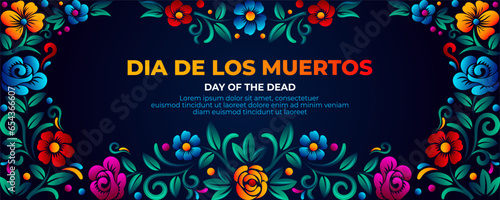 Mexican folk art Banner, Day of the dead banner with colorful Sugar skull and Mexican flowers