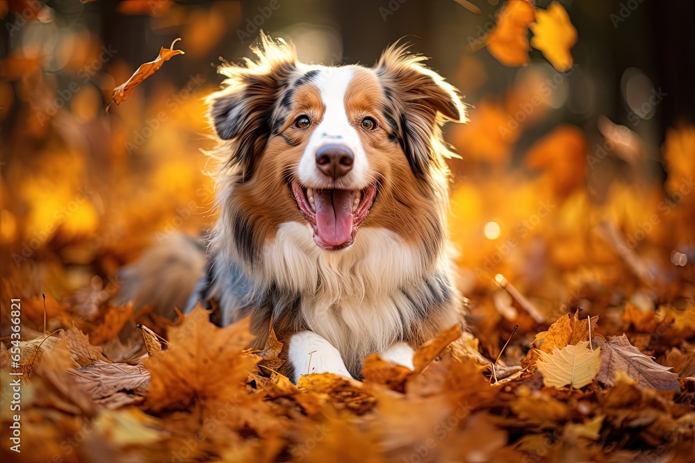 Autumn dog photography featuring a joyful Australian shepherd amidst falling leaves