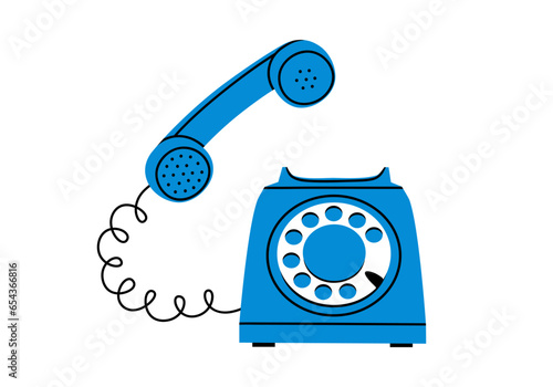 Hand drawn cute cartoon illustration of blue retro wired phone. Flat vector old telephone sticker in simple colored doodle style. Make a call. Pick up the phone icon or print. Isolated on white.