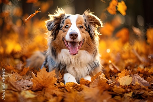 Autumn dog photography featuring a joyful Australian shepherd amidst falling leaves