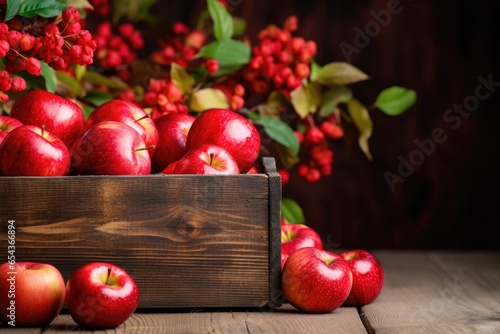 Autumn harvest scene with red apples in wooden box on table