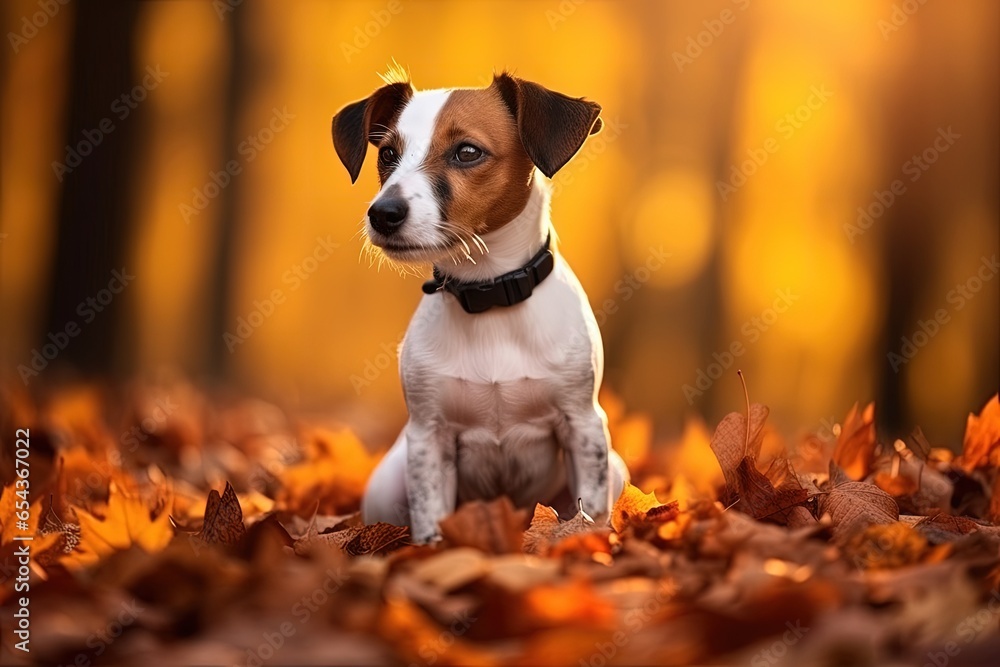 Autumn leaves flat lay with playful Jack Russell terrier Autumn leaves flat lay with playful Jack Russell terrier