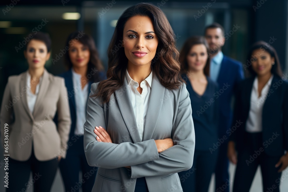 A poised and beaming businesswoman stands confidently in front of her diverse and harmonious team, symbolizing leadership, unity, and success, in a sleek, modern office environment A poised and beaming businesswoman stands confidently in front of her diverse and harmonious team, symbolizing leadership, unity, and success, in a sleek, modern office environment