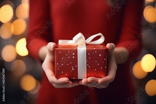 Red gift in female hands. Blurred background with Christmas lights. Merry Christmas and happy new year concept. Christmas or New Year's gift box in female Caucasian hands.