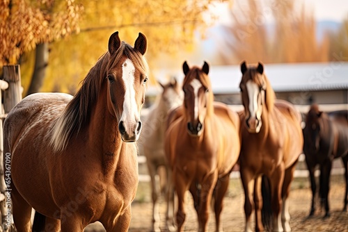 Autumn photo of brown young stallions in a corral farm