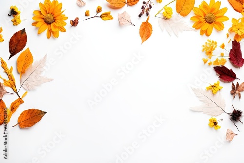 Autumn still life Floral and leaf arrangement on white Overhead view blank area