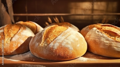 Close up of freshly baked sourdough bread. Bakery shop background with tasty bread on bakery shelves.